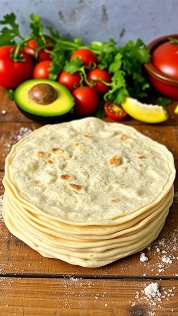 A stack of warm homemade tortillas on a wooden table with fresh ingredients for tacos.